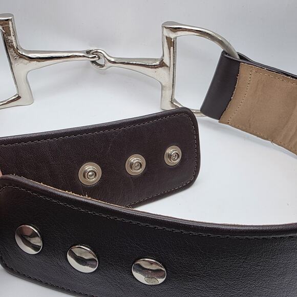 Equestrian Snaffle Bit Leather Waist Belt 2” Wide Brown USA Statement Buckle main image 5